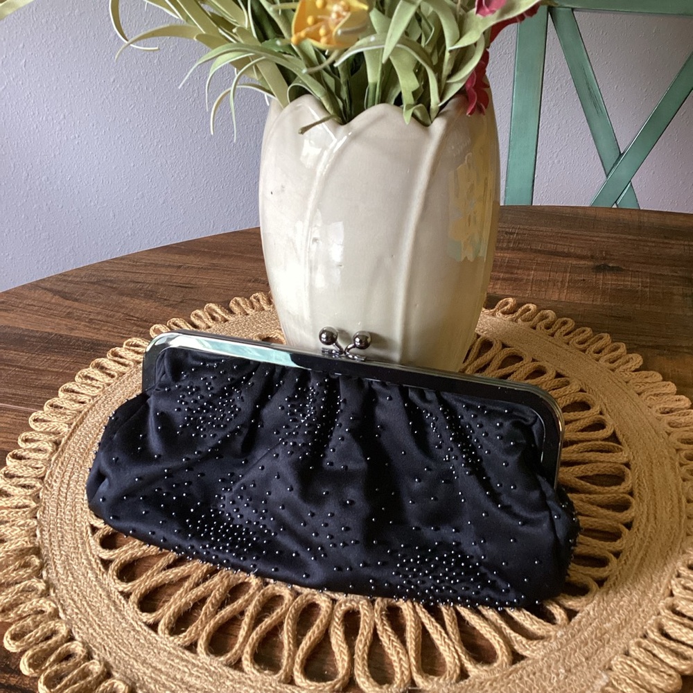 Express Black Satin Beaded Kiss Lock Clutch